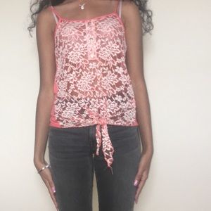 Peachy Orange with white lace blouse.